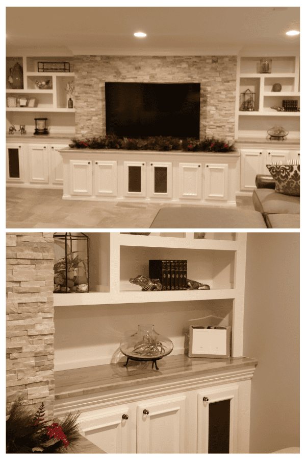 Custom interior entertainment space with built-in shelves and modern decor.