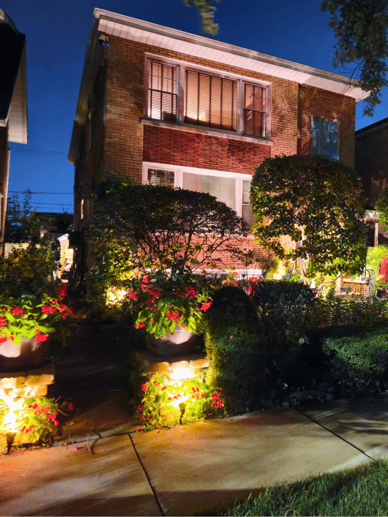 Beautifully illuminated residential garden and house exterior at night.